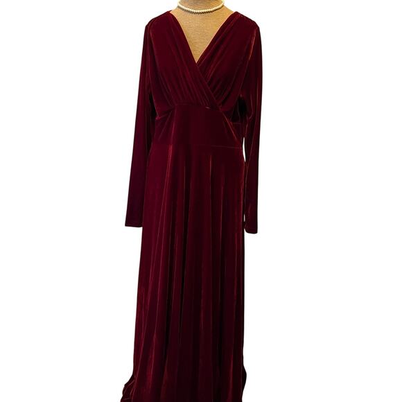 Deep red velvet maxi dress faux wrap wide midriff  v neck long sleeve party - Picture 1 of 11